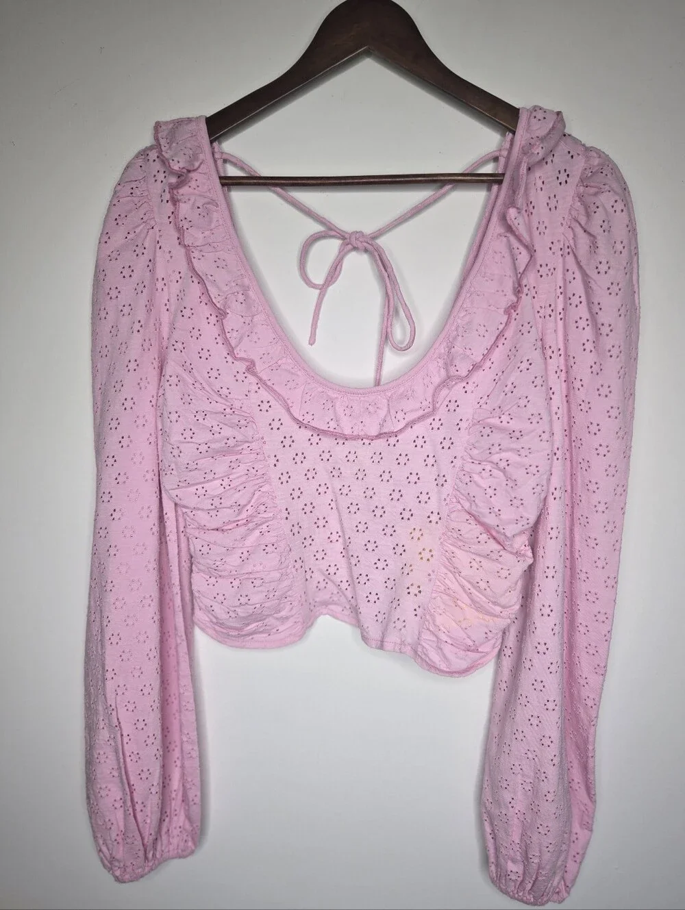 NWT RARE Free People Pink Eyelet Lace Long Sleeve Back Tie Ruffle Top SAMPLE S